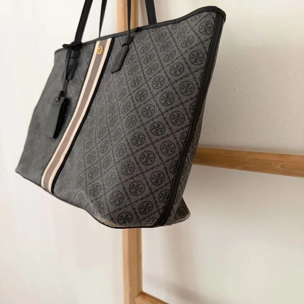Tory Burch T Monogram Coated Canvas Large Tote Shopper Bag Gray Black Leather